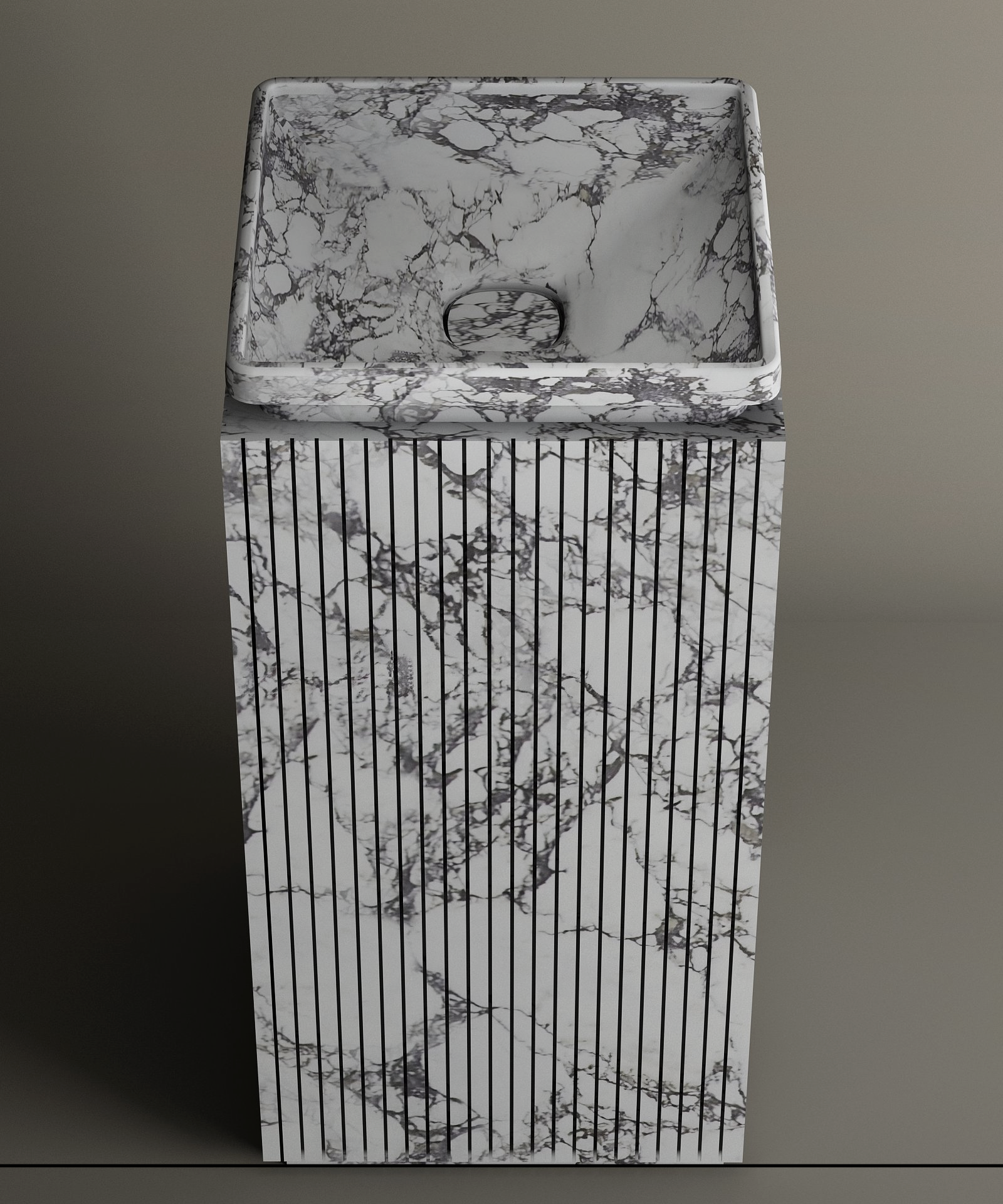 The TRAVERTABLE Calacatta Square Marble Pedestal Vanity Sink features a freestanding design with a Calacatta marble pattern, vertical pedestal grooves, and a smooth, sloped basin—ideal for modern bathrooms against neutral backgrounds.