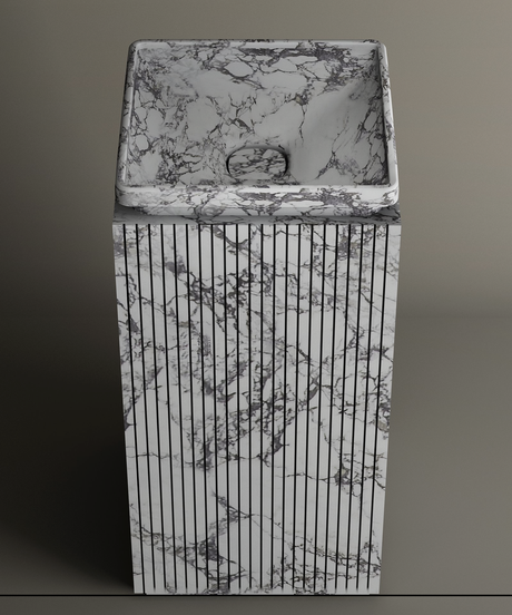 The TRAVERTABLE Calacatta Square Marble Pedestal Vanity Sink features a freestanding design with a Calacatta marble pattern, vertical pedestal grooves, and a smooth, sloped basin—ideal for modern bathrooms against neutral backgrounds.