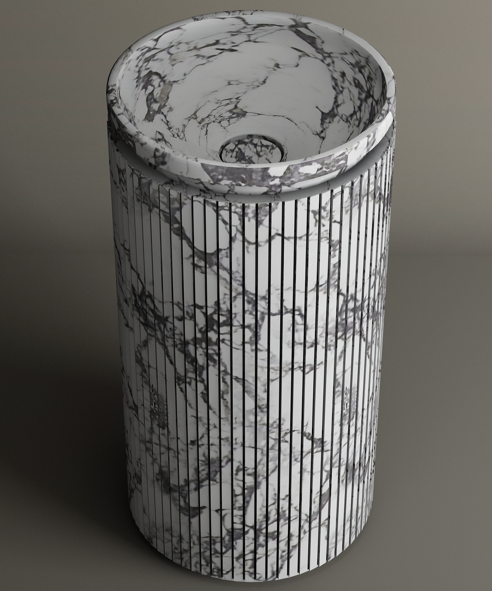 The TRAVERTABLE Calacatta Round Marble Pedestal Vanity Sink features vertical grooves and elegant gray veining on a light background, showcasing Italian artistry in premium Calacatta marble.