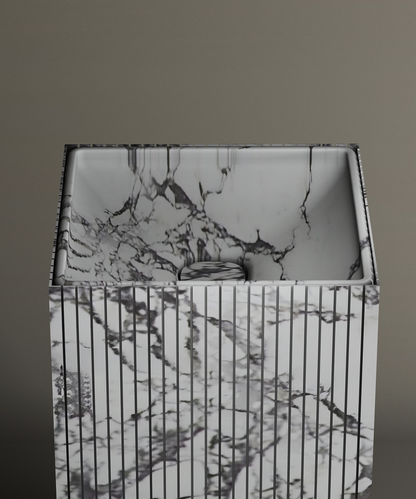 The TRAVERTABLE Calacatta Square Fluted Marble Pedestal Vanity Sink features striking black and white veining, a vertically grooved exterior, and a smooth interior, shown against a simple, neutral backdrop.