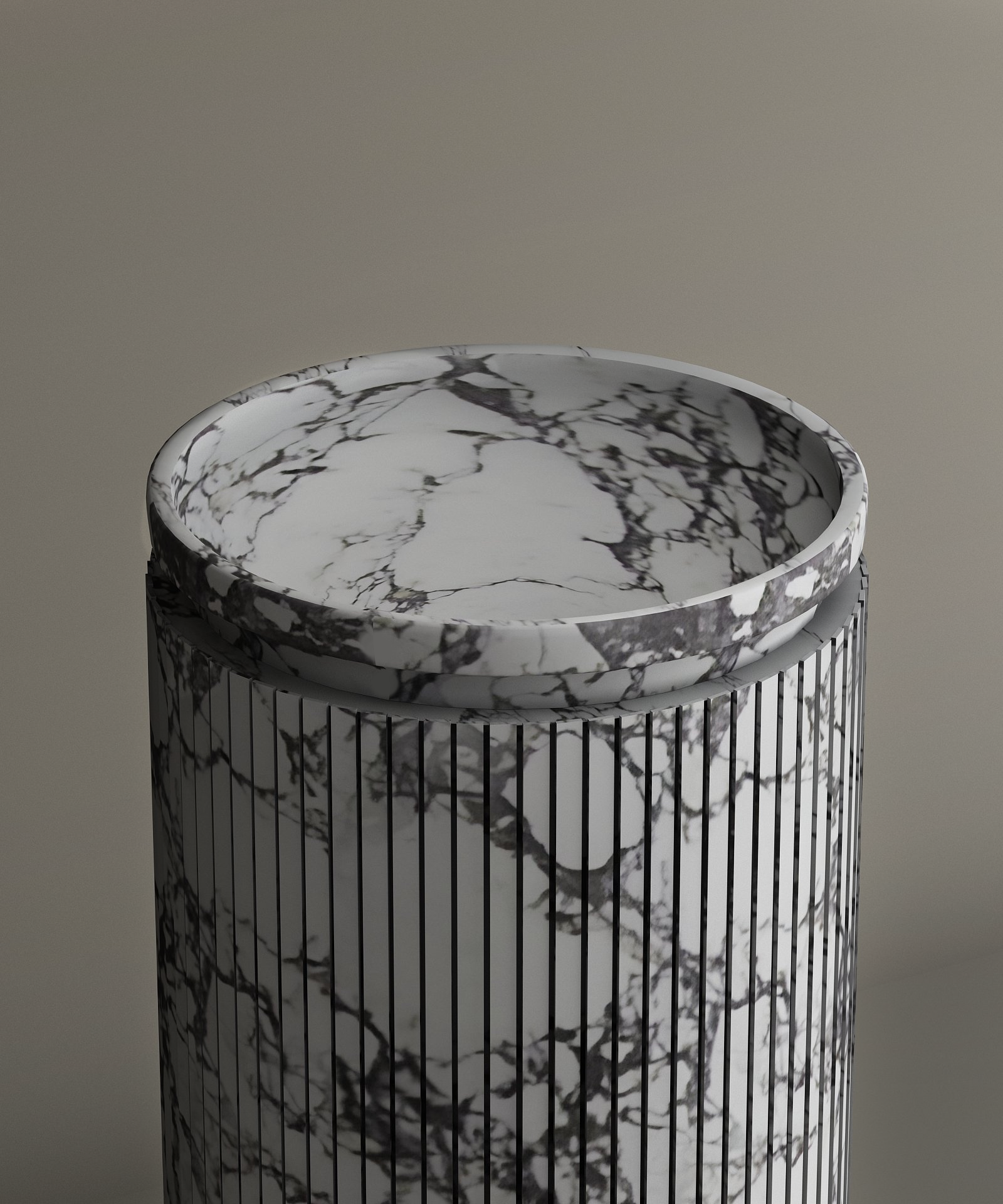 The TRAVERTABLE Calacatta Round Marble Pedestal Vanity Sink, featuring dark gray veining and fine vertical grooves, stands against a beige background. Its flat top highlights Italian craftsmanship and striking marble patterns.