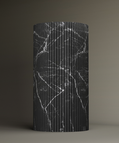 The TRAVERTABLE Nero Marquina Round Fluted Marble Pedestal Vanity Sink features white veining and elegant fluted grooves, making it a stunning focal point for contemporary interiors.