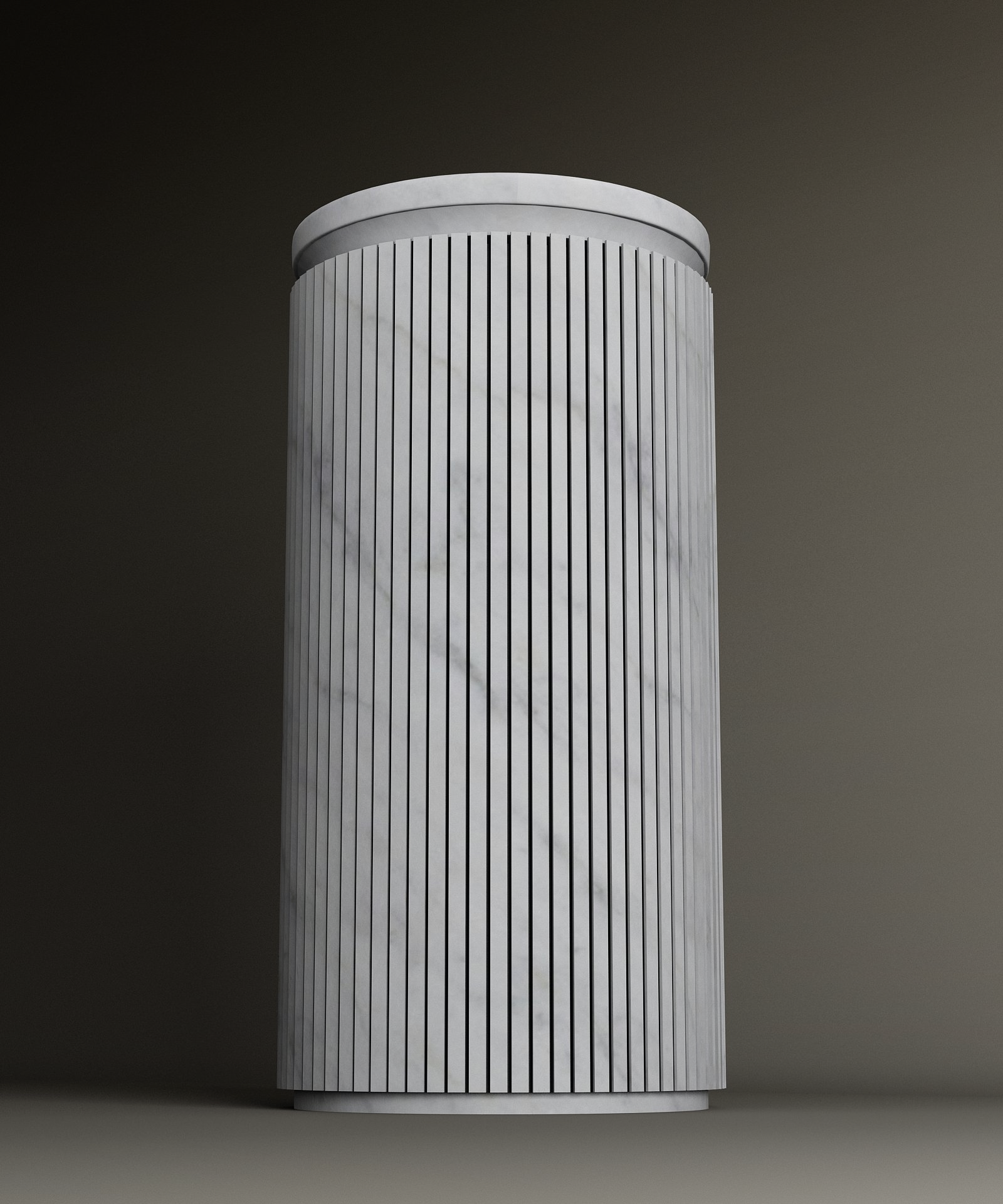The TRAVERTABLE Carrara Round Marble Pedestal Vanity Sink features vertical black lines on a white, Carrara marble-like surface and stands upright against a plain, dark background.