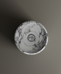 A top-down view shows the TRAVERTABLE Calacatta Round Fluted Marble Pedestal Vanity Sink, featuring white stone with elegant gray veining and a modern design, resting on a smooth gray surface with a subtle left-cast shadow.