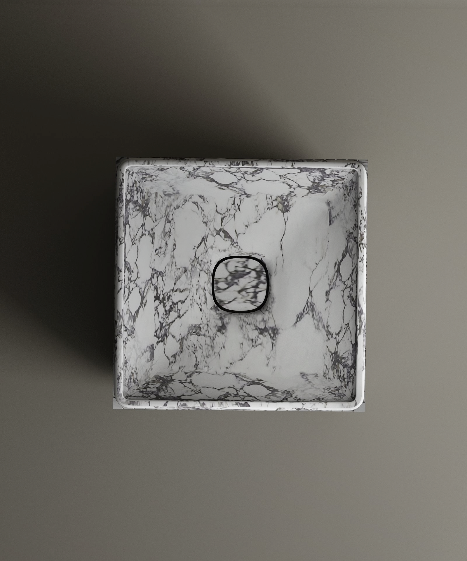 The TRAVERTABLE Calacatta Square Marble Pedestal Vanity Sink, with elegant gray veining and a central square drain, is displayed from above on a matte gray background—an ideal choice for modern bathroom designs.
