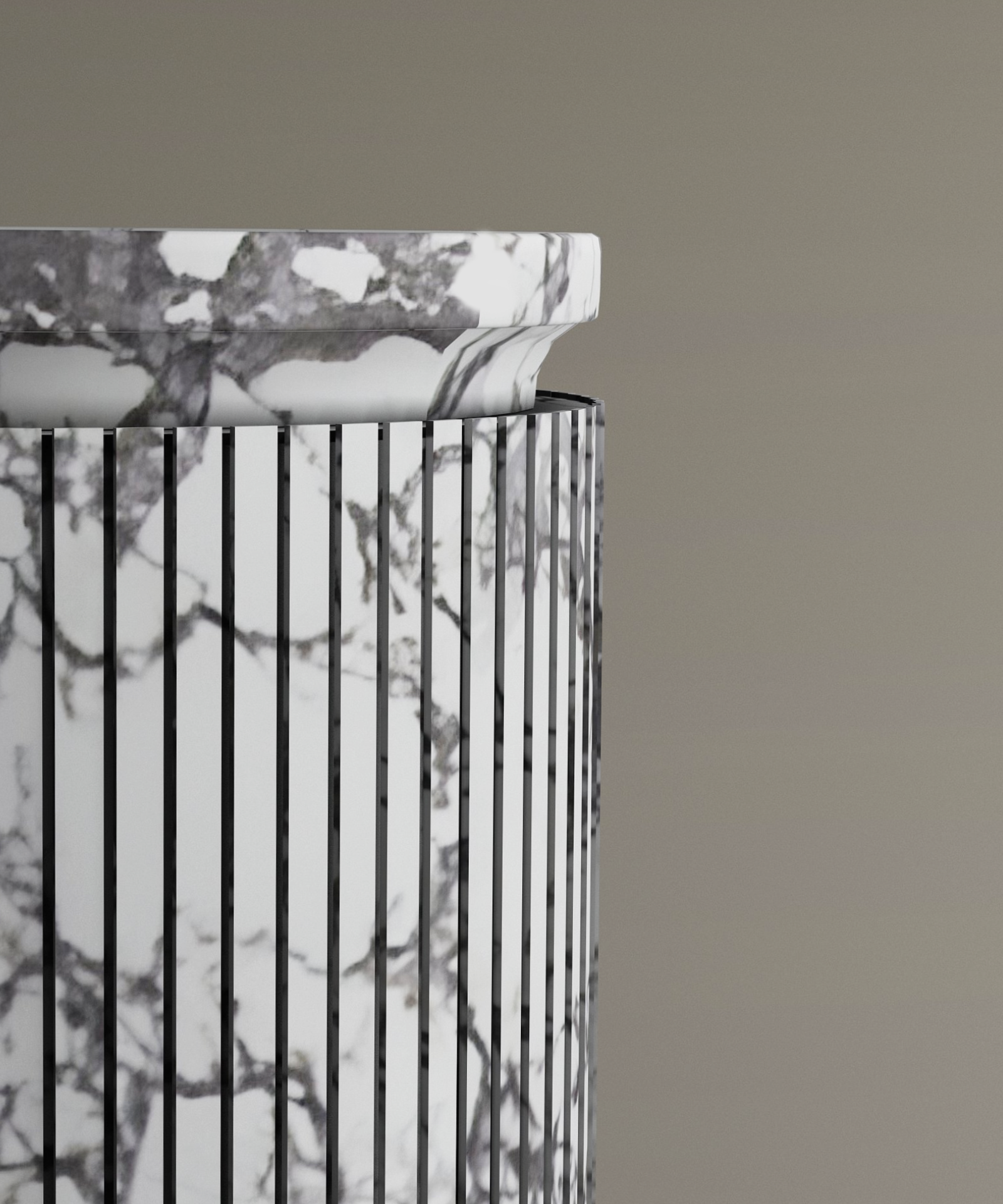 The TRAVERTABLE Calacatta Round Marble Pedestal Vanity Sink showcases Italian artistry with its white and gray Calacatta marble, vertical black lines, and elegant cylindrical design set against a neutral beige background.