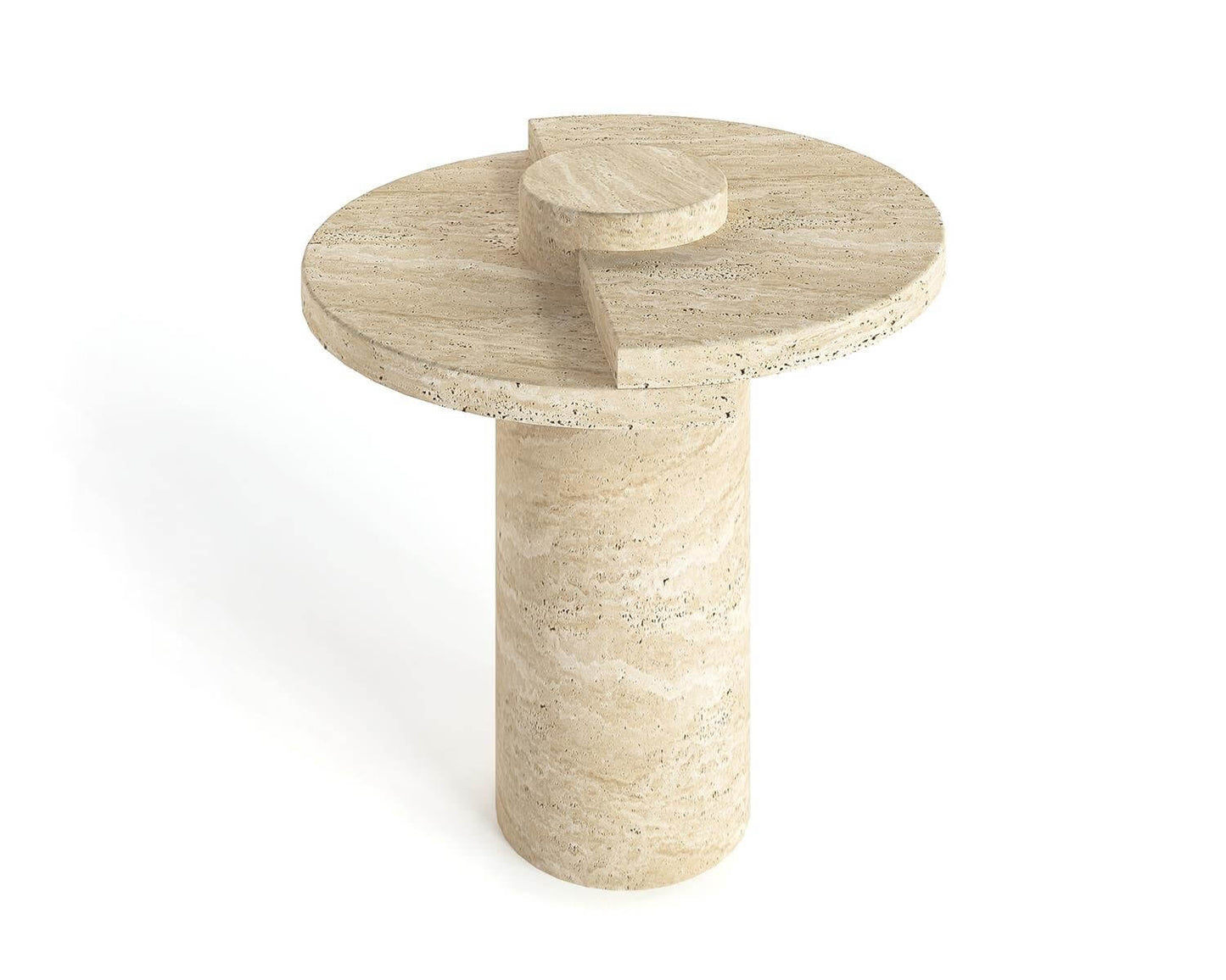 Multi-Tiered Travertine Table with Side Shelf Design