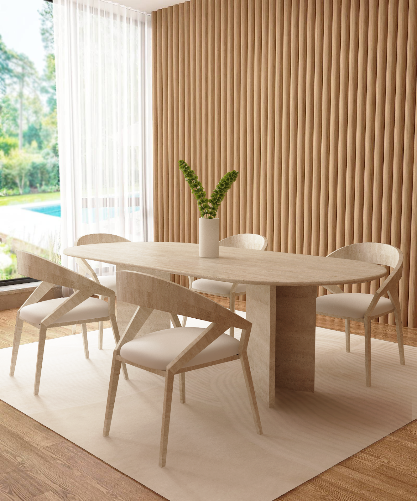 A modern dining room features the TRAVERTABLE Oval Travertine Dining Table with Split-V Pedestal Base, six matching chairs, a white vase with greenery, wood slat wall paneling, a large window, and views of lush green and a pool outside.